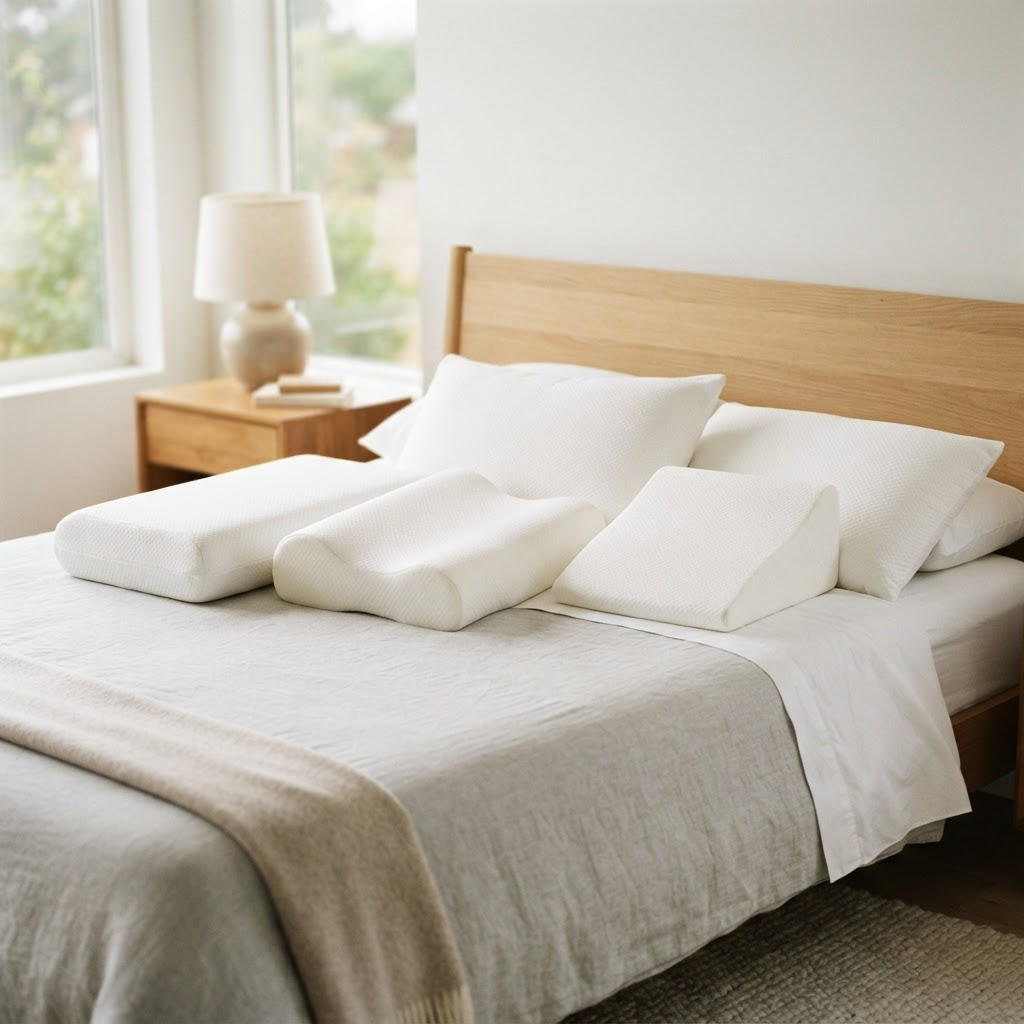Several memory foam pillows arranged on a bed to compare loft and shape