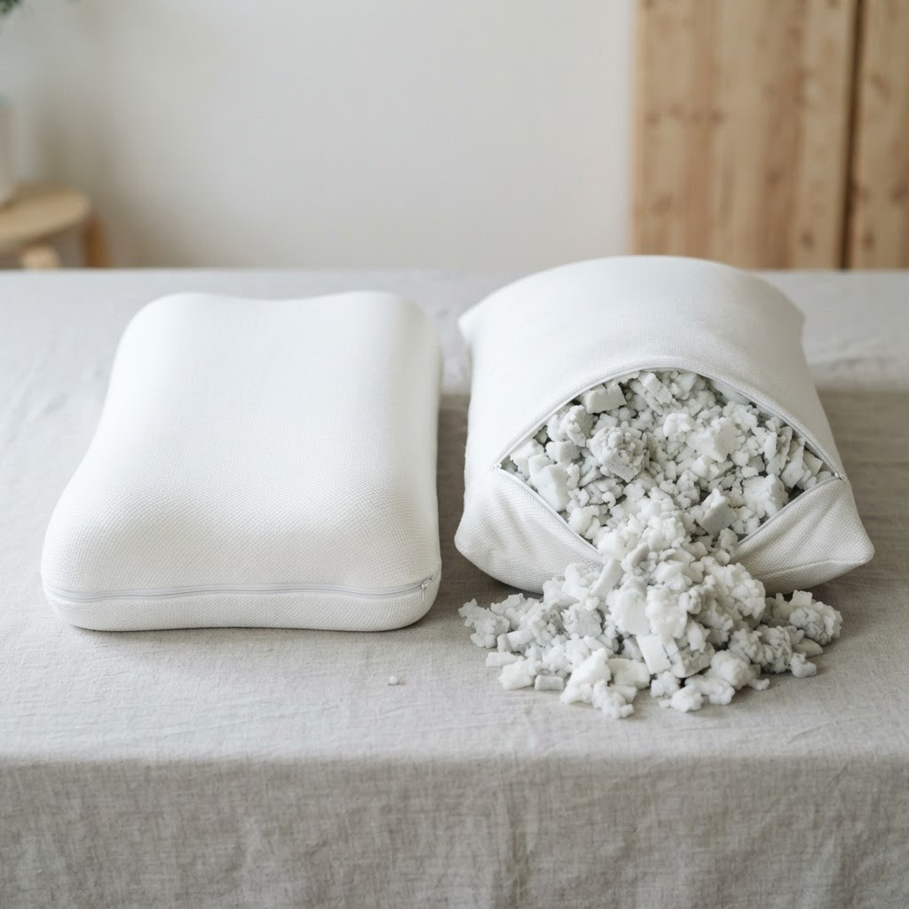 A solid memory foam pillow next to an open shredded memory foam pillow