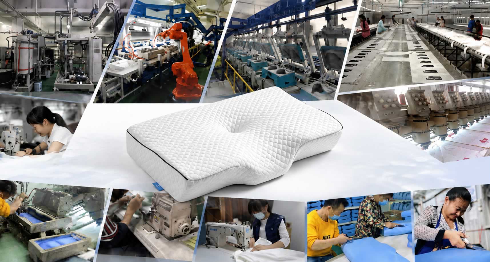 Memory foam pillow factory collage showing foam cutting, robotic handling, quilting and sewing production lines